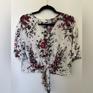 LUQ Floral Tie-Front Blouse - White and burgundy